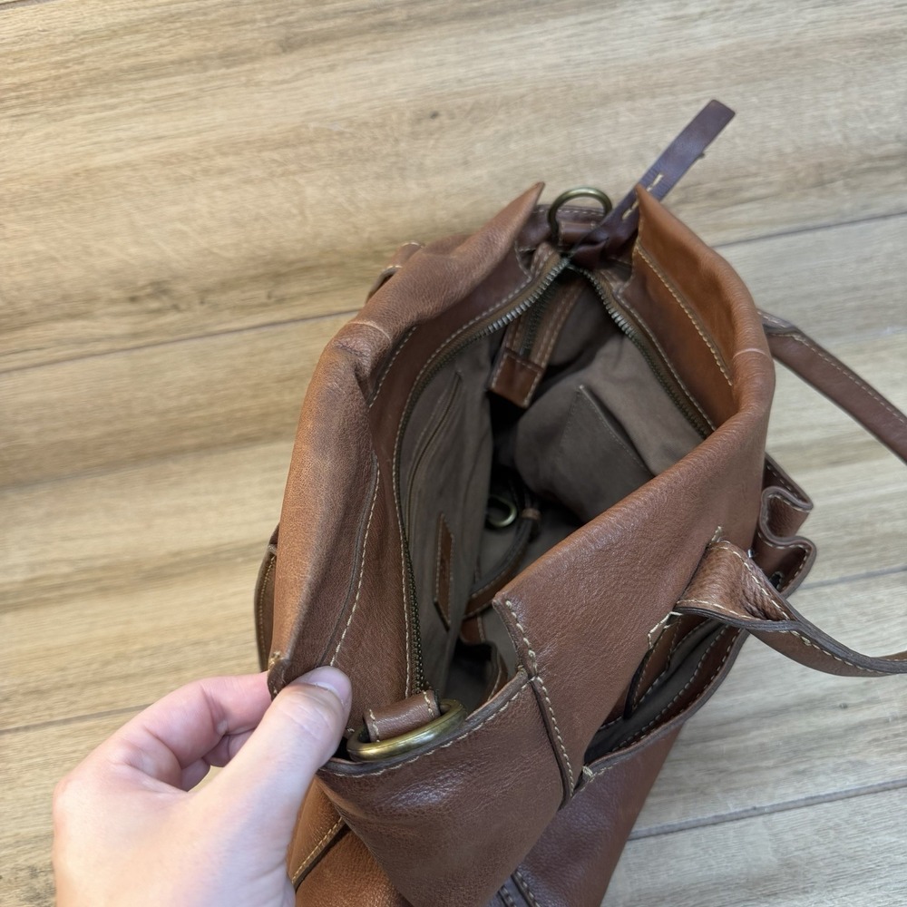 Frye Brown Leather Tote Handbag Western Boho Classic Vintage Distressed Pockets - Picture 10 of 15